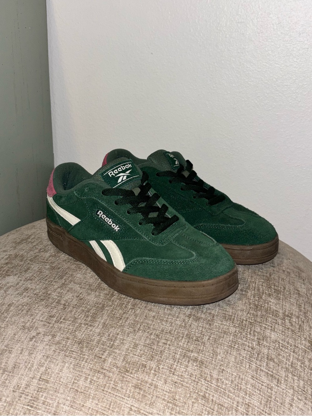 Reebok Green and Pink Suede Low-Top Sneakers